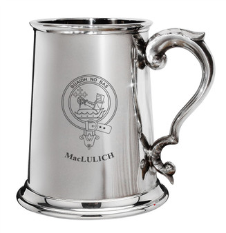 MacLulich Family Crest Polished Pewter 1 Pint Tankard with Scroll handle