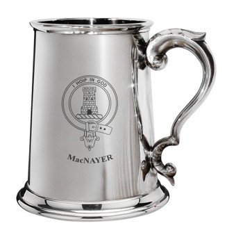 MacNayer Family Crest Polished Pewter 1 Pint Tankard with Scroll handle