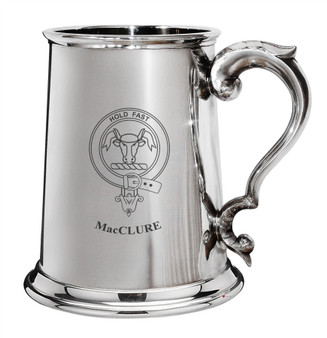 MacClure Family Crest Polished Pewter 1 Pint Tankard with Scroll handle