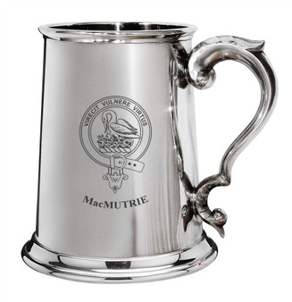 MacMutrie Family Crest Polished Pewter 1 Pint Tankard with Scroll handle