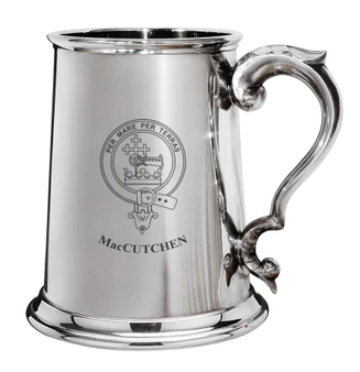 MacCutchen Family Crest Polished Pewter 1 Pint Tankard with Scroll handle