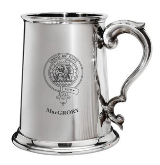 MacGrory Family Crest Polished Pewter 1 Pint Tankard with Scroll handle
