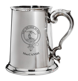 MacCansh Family Crest Polished Pewter 1 Pint Tankard with Scroll handle