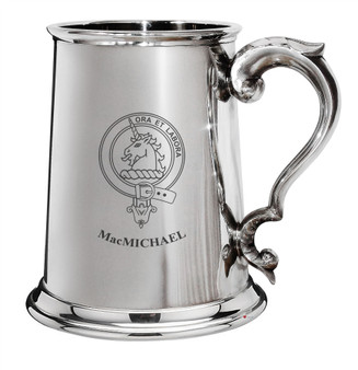 MacMichael Family Crest Polished Pewter 1 Pint Tankard with Scroll handle