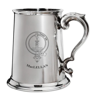 MacLellan Family Crest Polished Pewter 1 Pint Tankard with Scroll handle