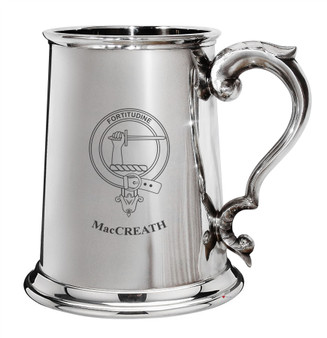 MacCreath Family Crest Polished Pewter 1 Pint Tankard with Scroll handle
