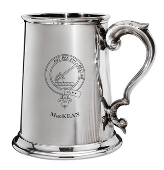 MacKean Family Crest Polished Pewter 1 Pint Tankard with Scroll handle