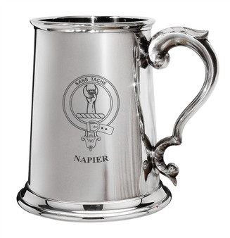 Napier Family Crest Polished Pewter 1 Pint Tankard with Scroll handle