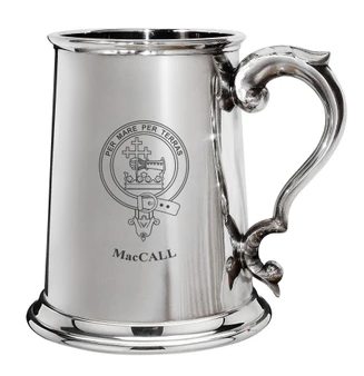 MacCall Family Crest Polished Pewter 1 Pint Tankard with Scroll handle
