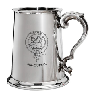 MacGuffie Family Crest Polished Pewter 1 Pint Tankard with Scroll handle