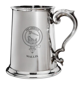 Wallis Family Crest Polished Pewter 1 Pint Tankard with Scroll handle