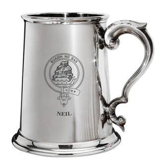 Neil Family Crest Polished Pewter 1 Pint Tankard with Scroll handle