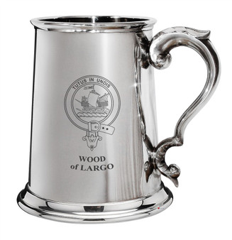 WoodofLargo Family Crest Polished Pewter 1 Pint Tankard with Scroll handle