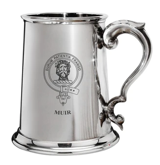 Muir Family Crest Polished Pewter 1 Pint Tankard with Scroll handle