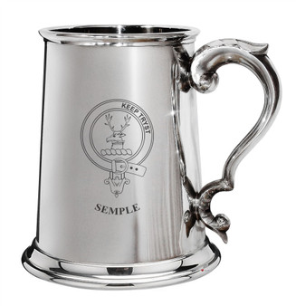 Semple Family Crest Polished Pewter 1 Pint Tankard with Scroll handle