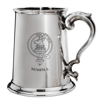 Sempill Family Crest Polished Pewter 1 Pint Tankard with Scroll handle