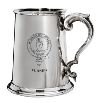 Turner Family Crest Polished Pewter 1 Pint Tankard with Scroll handle
