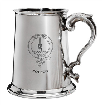 Polson Family Crest Polished Pewter 1 Pint Tankard with Scroll handle