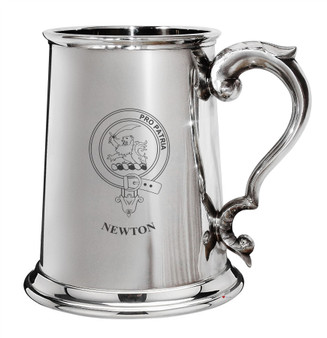 Newton Family Crest Polished Pewter 1 Pint Tankard with Scroll handle
