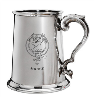 Michie Family Crest Polished Pewter 1 Pint Tankard with Scroll handle