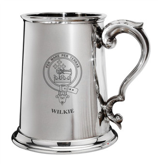 Wilkie Family Crest Polished Pewter 1 Pint Tankard with Scroll handle