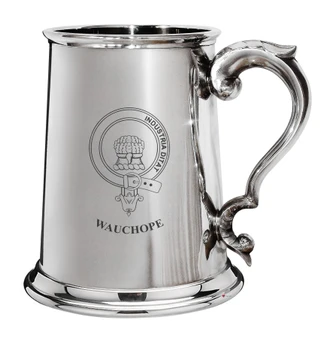 Wauchope Family Crest Polished Pewter 1 Pint Tankard with Scroll handle