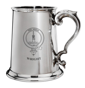 Wright Family Crest Polished Pewter 1 Pint Tankard with Scroll handle