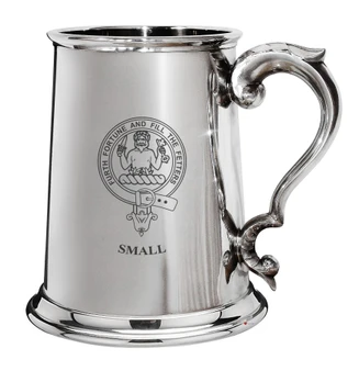 Small Family Crest Polished Pewter 1 Pint Tankard with Scroll handle