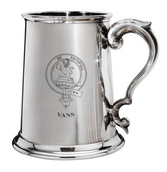 Vans Family Crest Polished Pewter 1 Pint Tankard with Scroll handle