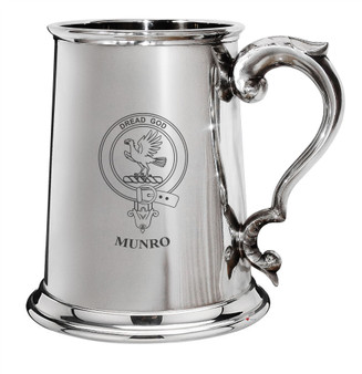 Munro Family Crest Polished Pewter 1 Pint Tankard with Scroll handle