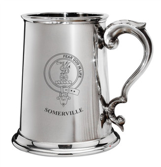 Somerville Family Crest Polished Pewter 1 Pint Tankard with Scroll handle