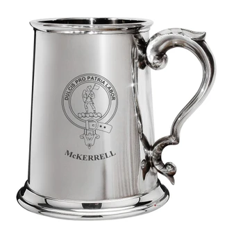McKerrell Family Crest Polished Pewter 1 Pint Tankard with Scroll handle