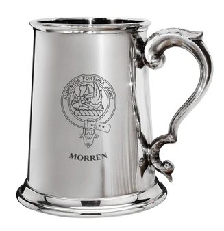 Morren Family Crest Polished Pewter 1 Pint Tankard with Scroll handle