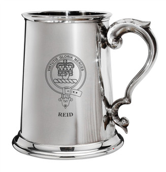 Reid Family Crest Polished Pewter 1 Pint Tankard with Scroll handle