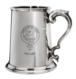 Stuart Family Crest Polished Pewter 1 Pint Tankard with Scroll handle