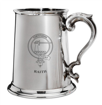 Raith Family Crest Polished Pewter 1 Pint Tankard with Scroll handle