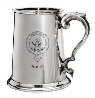 Mouat Family Crest Polished Pewter 1 Pint Tankard with Scroll handle