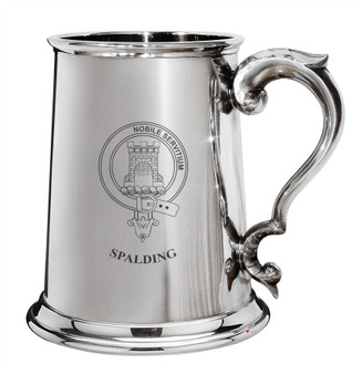 Spalding Family Crest Polished Pewter 1 Pint Tankard with Scroll handle