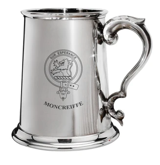 Moncreiffe Family Crest Polished Pewter 1 Pint Tankard with Scroll handle