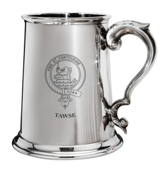 Tawse Family Crest Polished Pewter 1 Pint Tankard with Scroll handle