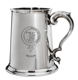 Seton Family Crest Polished Pewter 1 Pint Tankard with Scroll handle