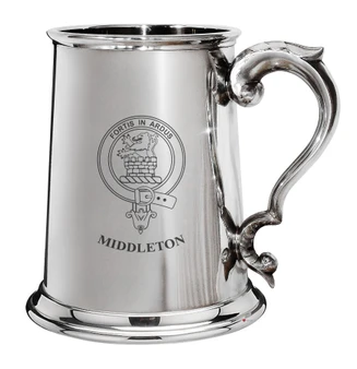 Middleton Family Crest Polished Pewter 1 Pint Tankard with Scroll handle
