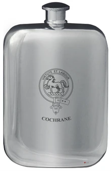 Cochrane Family Crest Design Pocket Hip Flask 6oz Rounded Polished Pewter