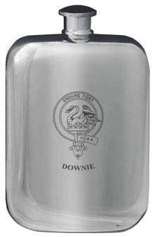 Downie Family Crest Design Pocket Hip Flask 6oz Rounded Polished Pewter