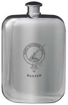 Baxter Family Crest Design Pocket Hip Flask 6oz Rounded Polished Pewter