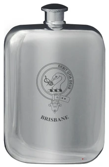 Brisbane Family Crest Design Pocket Hip Flask 6oz Rounded Polished Pewter