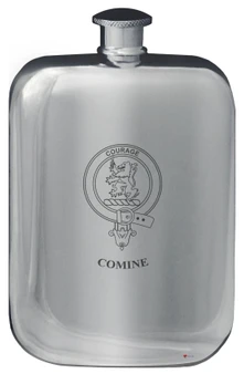 Comine Family Crest Design Pocket Hip Flask 6oz Rounded Polished Pewter