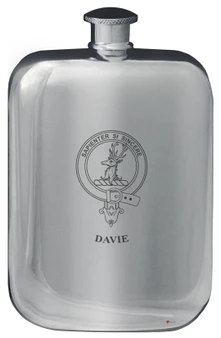 Davie Family Crest Design Pocket Hip Flask 6oz Rounded Polished Pewter