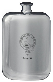 Ainslie Family Crest Design Pocket Hip Flask 6oz Rounded Polished Pewter