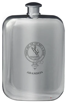 Adamson Family Crest Design Pocket Hip Flask 6oz Rounded Polished Pewter